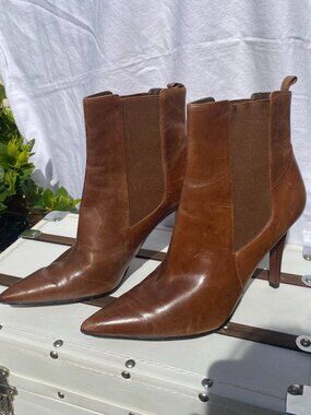 Ralph Lauren Brown Leather ankle boots, Size 9, Saddle, Brown, high heel